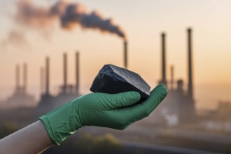 Green glove holding coal in front of smoking chimneys. A striking symbol of greenwashing and