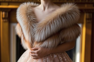 Elegant woman wearing real fox fur in golden light. Beauty shadowed by animal cruelty in luxury