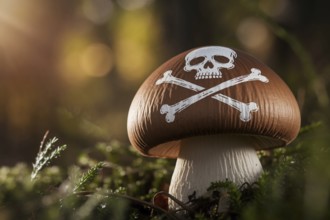 Skull and crossbones painted on mushroom warns of toxic danger in forest. Generative ai, AI