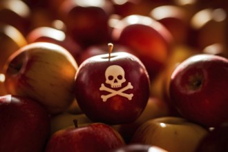 Red apple with carved poison skull among fresh fruit at farmer's market, symbolizing hidden toxins