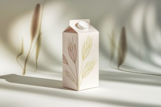 Minimalist oat milk carton with pastel oat illustrations on white background with soft