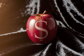Carved dollar sign on apple. A symbol of rising food costs and economic pressure. Generative ai, AI