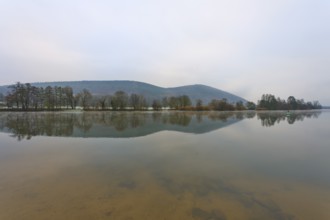 Wide river with calm water surface, mountains in the background, cloudy sky, Laudenbach, Main,