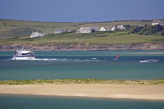 Boats and houses along a green coast with hills and blue water, Padstow, Cornwall, Cornwall,