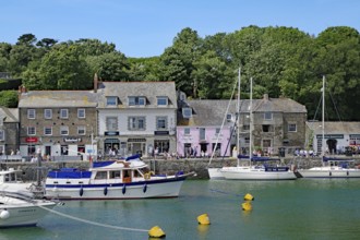 Harbour with sailing boats and picturesque buildings against a wooded background, Padstow,