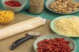 Ingredients such as bacon, cheese, mushrooms, sweetcorn and dough