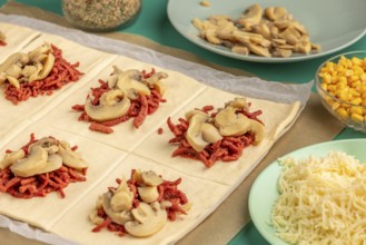 Sliced dough squares with tomato paste, bacon and mushrooms alongside other ingredients for pizza,