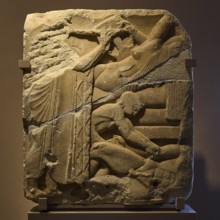 Ancient relief with depictions of people in motion and detailed clothing, flute player, Serayia,