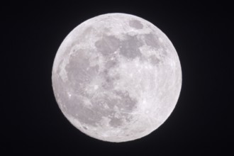 Full moon shining bright in the night sky, shining silver in a clear dark winter night, detailed