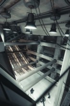 Futuristic space with industrial lamps and concrete architecture, Westminster Station, London,