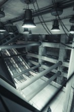 Futuristic interior with industrial elements and concrete, Westminster Station, London, United