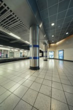 Lonely subway station with tiled floors and modern columns in a cool atmosphere, London, United