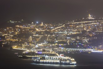 New Year's Eve, dusk, Atlantic Ocean, harbour with cruise ships, Funchal, Madeira, Portugal