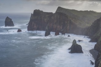 Long exposure of rock formations in the Atlantic Ocean, volcanic peninsula, Ponta de São Lourenço,