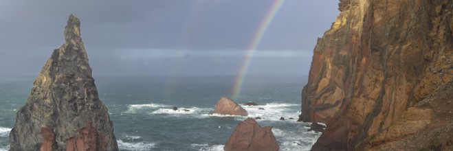 Sunset, rainbow at sea, volcanic peninsula, Ponta de São Lourenço, Ponta de Sao Lourenco, rocky