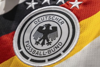 Close-up of the DFB (German Football Association) logo on the jersey of the German national