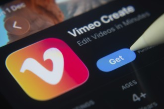 Dhaka, Bangladesh- 01 Dec 2025: A close-up of the Vimeo Create app icon in the App Store on an iPad