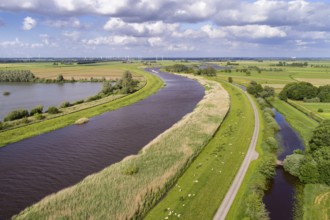 Aerial view of Hunte in front of Holler Siel, Weermarsch, Lower Saxony, Germany