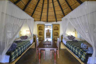 Round cabin, guest accommodation, Planet Baobab, lodge near the village of Gweta, interior view,