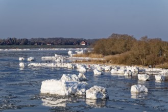 Visitors view the ice course on the Elbe in the area of the federal waterway near Geesthacht on a