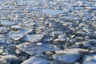 Frozen water with lots of ice floes in blue and white tones, ice floes, Elbe-Havel Canal,