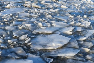 Frozen chunks of ice spread across the water surface in various shades of blue-gray, ice floes,