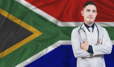 Portrait of medical professional on South Africa flag background. South African national health