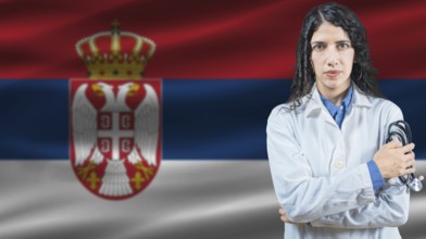 Serbian national health system, Medical professional on Serbia flag background