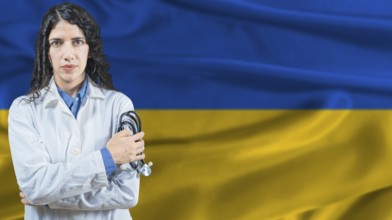 Ukrainian national health system, Medical professional on Ukraine flag background