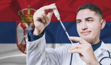 Doctor holding syringe on Serbia flag background. Medical professional holding syringe with Serbian