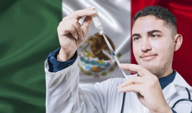 Doctor holding syringe on Mexico flag background. Medical professional holding syringe with Mexican
