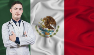 Portrait of medical professional on Mexico flag background. Mexican national health system