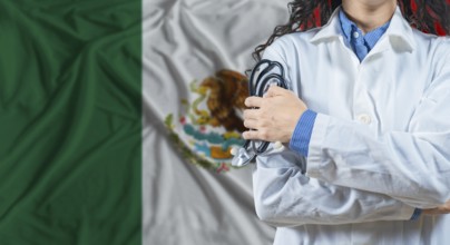 Healthcare professional with Mexico flag background. Professional doctor holding stethoscope on