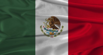 Flag of Mexico with fabric textured background. Close up of National flag of Mexico with realistic