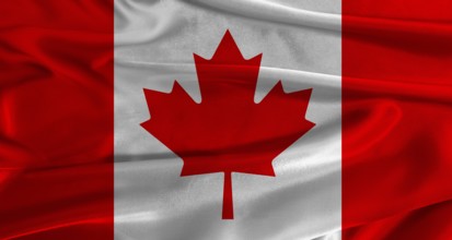 Flag of Canada with fabric textured background. Close up of National flag of Canada with realistic