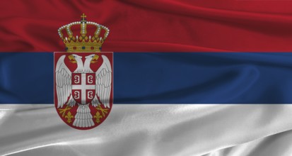 Flag of Serbia with fabric textured background. Close up of National flag of Serbia with realistic