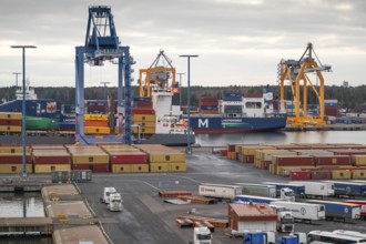 Cranes, cargo ship, port facility, container loading, Helsinki, Finland