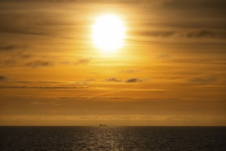 Silhouette, cargo ship on the horizon, sunset, Baltic Sea