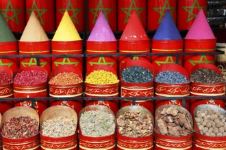 Sales stand selling spices and herbs at a market in Marrakech, historic old town, Medina, UNESCO