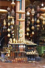 Sales stand with brass lamps and lamps at a market in Marrakech, historic old town, Medina, UNESCO