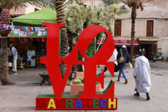 Large display Love Marrakesh on a market in Marrakech, historic old town, Medina, UNESCO World