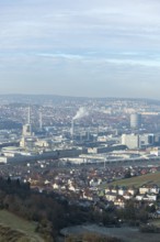 Panoramic view of a hilly urban landscape with industrial areas and residential buildings, view of