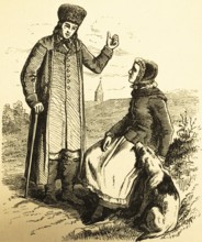 Upper Silesian costumes, portrait of man and woman, long coat, walking stick, fur hat, apron,