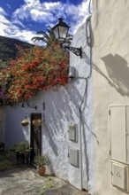 White house with blooming flowers and shade of a lantern against a blue sky, Icod de los Vinos