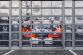 Fire department, fire station, modern guard, silver façade, glass gates, emergency vehicle, fire