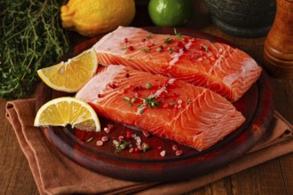 Two salmon fillets rest on a wooden platter. The fillets are garnished with herbs and spices. Lemon