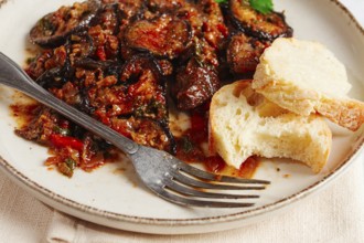 Stewed meat with eggplant is a Georgian dish, on a light background, homemade, no people