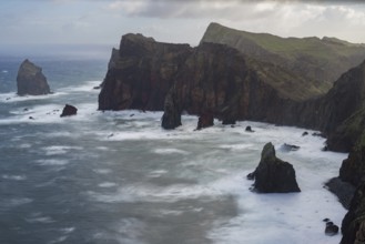Long exposure of rock formations in the Atlantic Ocean, volcanic peninsula, Ponta de São Lourenço,