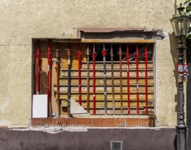 Scaffolding and components on a house in the old town of Sachsenhausen, Frankfurt am Main, Hesse,