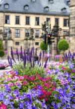 Flower arrangement in front of the city castle of Fulda, Hesse, Germany